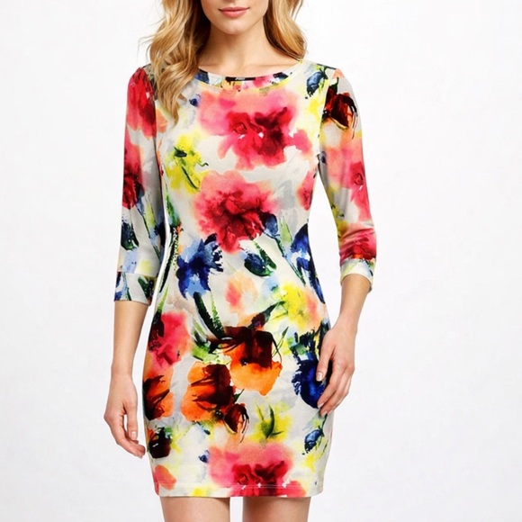 ABS Allen Schwartz Dresses & Skirts - ABS Allen Schwartz Mini Dress Floral Bodycon Colorful Stretch 3/4 Sleeve Size XS